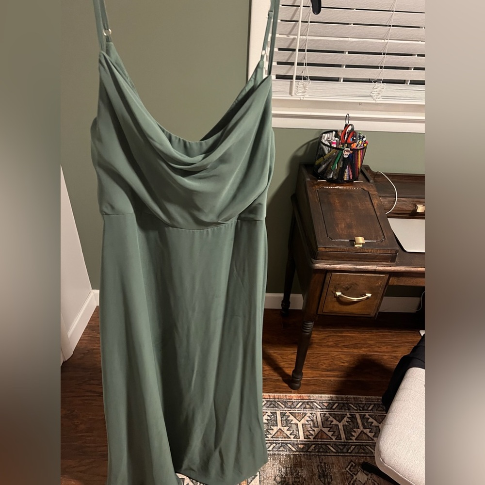 Cowl neck floor length sage dress